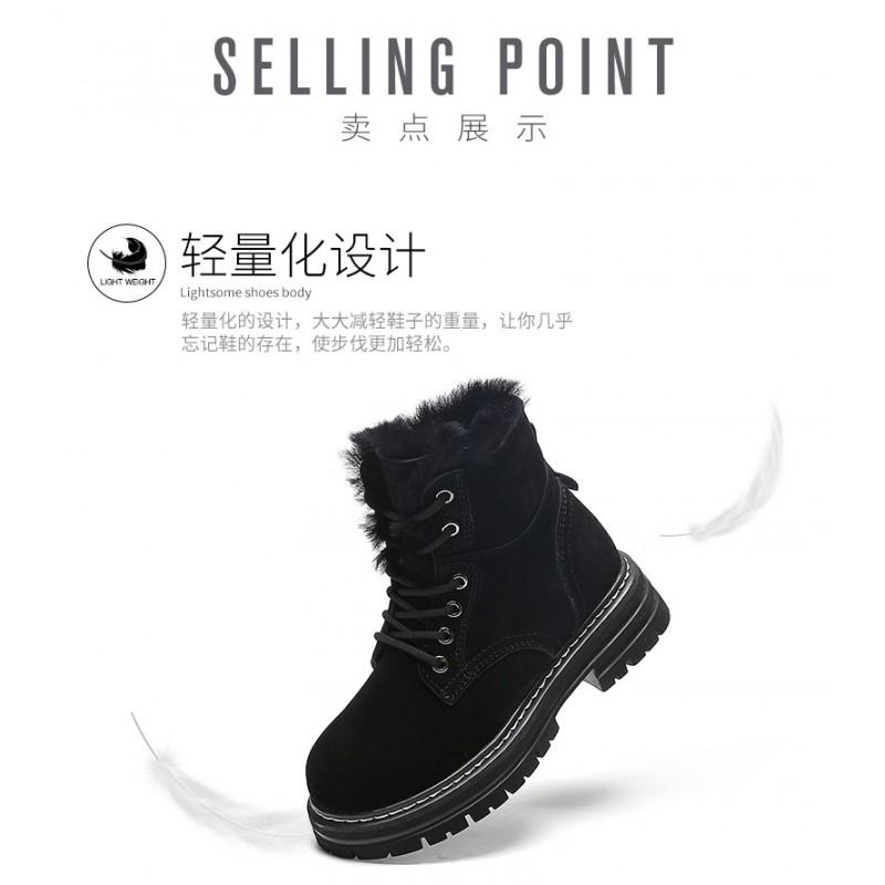Womens Winter Warm Faux Suede Martin Boots With Fleece Lining Chunky Sole Round Toe Lace-Up Mid-Calf
