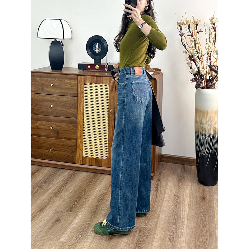 Women's High Rise Straight Leg Pants Regular Fit Embroidered Tencel Denim Jeans Vintage Washed Long Trousers