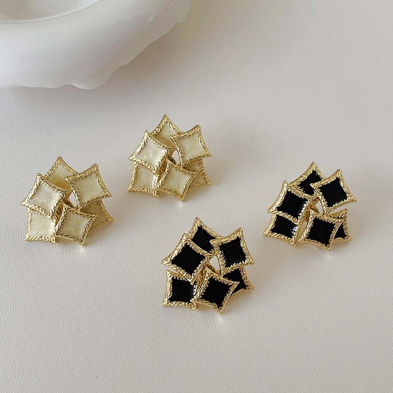 Vintage Black Drip oil Double Layer Square Stud Earrings For Women Fashion Metal Irregular Geometric Earring Zircon Accessories