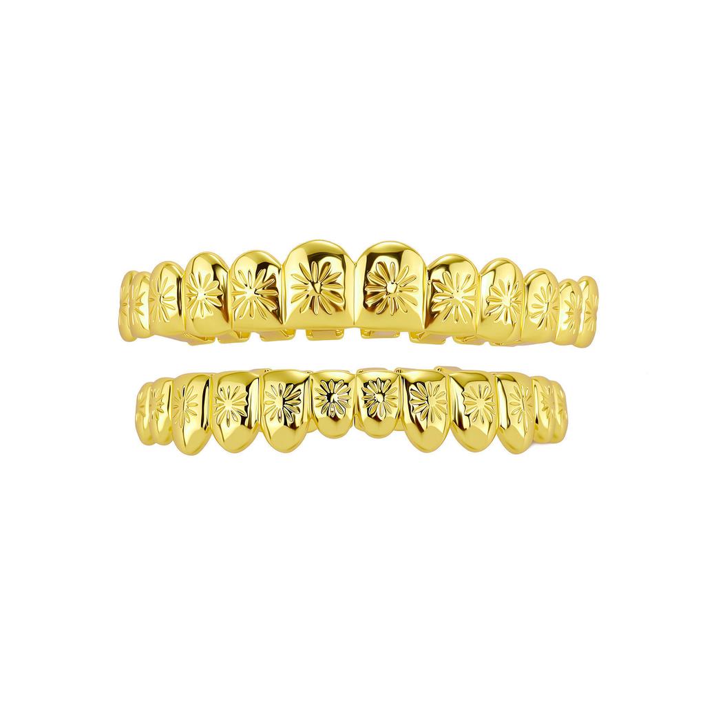 Factory Sales Hip-hop Rapper's Floral Silver Gold Color 12 Tooth Gold Grillz Teeth Braces