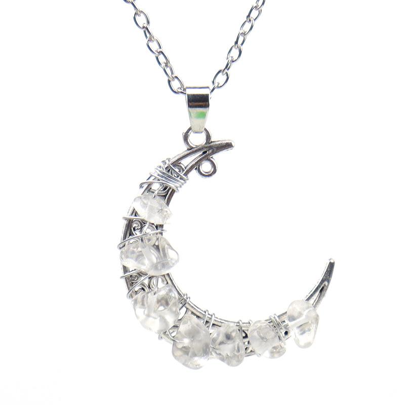 Vintage Handmade Colorful Beaded Gravel Crystal Amethyst Moon Pendant Necklace N551
