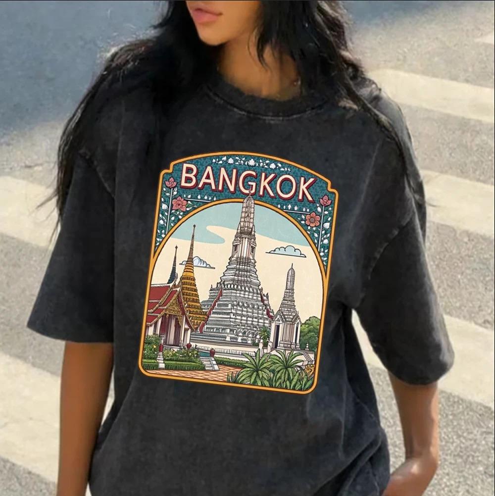 Vintage Washed Black Cityscape Graphic Print T-Shirt Men Women Casablanca Bangkok Loose Casual O-Neck Streetwear Hip Hop Fashion Summer New Tee
