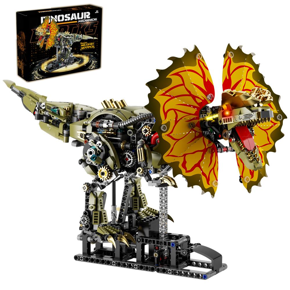 Non-Toxic New Dilophosaurus Building Blocks Mechanical Dinosaur Model Kit With Light And Linkage Motion Jurassic Animal Christmas Gifts