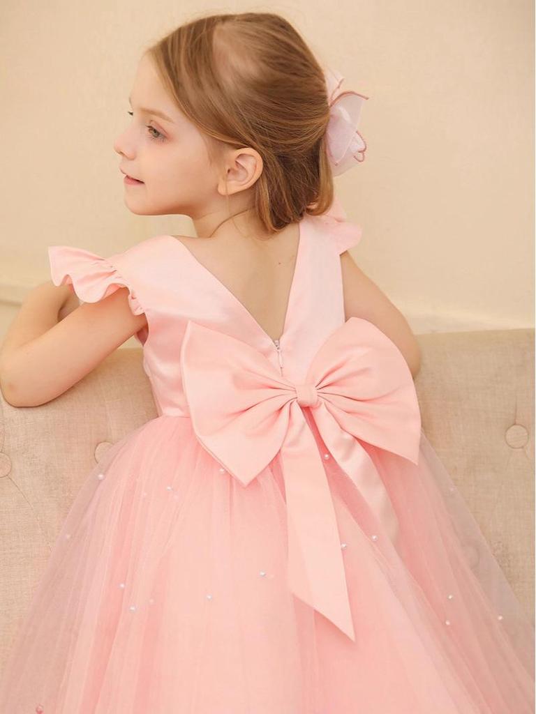 Mädchen Prinzessinnenkleid mit großem Schleifenrücken, rückenfrei, mit flauschigem Tüllrock für Festivals und Auftritte