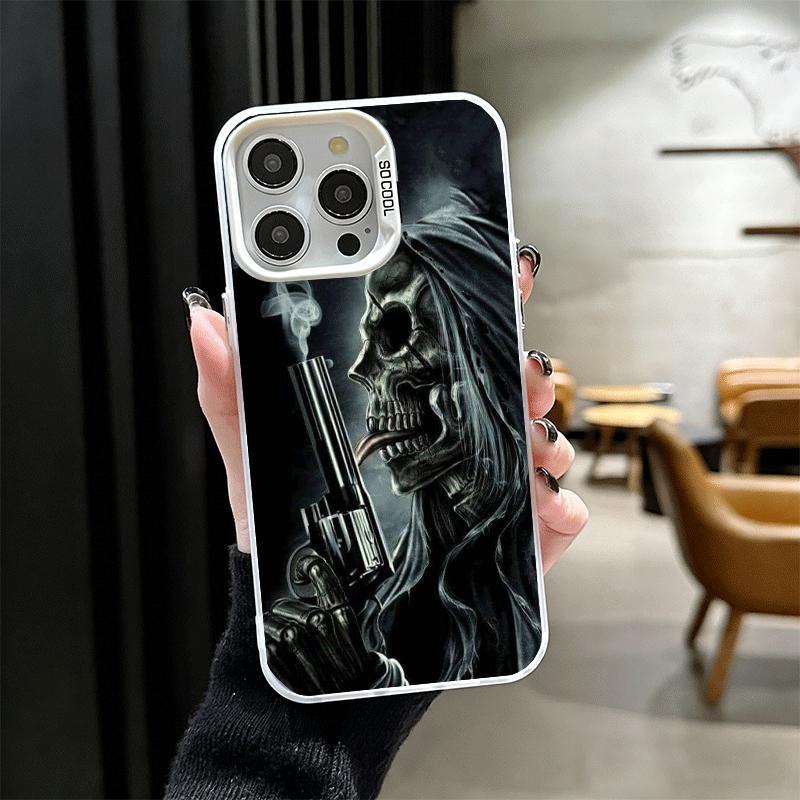 

Ударопрочный чехол для телефона iPhone 17 Air 16 16E 15 Pro Max 14 Plus 13 Mini 12 с рисунком Череп Жнеца Скелет Пистолет, Задняя крышка, Защита от падения Fund iPhone 12 Mini