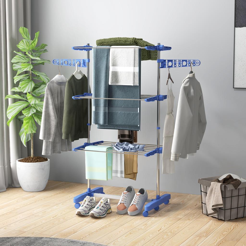 Three-Shelf Collapsing Clothes Horse, With Side Arms and Wheels - Blue