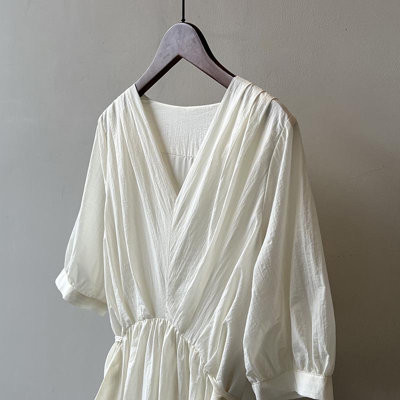 Vintage V-neck Pleated Dress Summer Women's Temperament Tie Waist Mid-length Dress