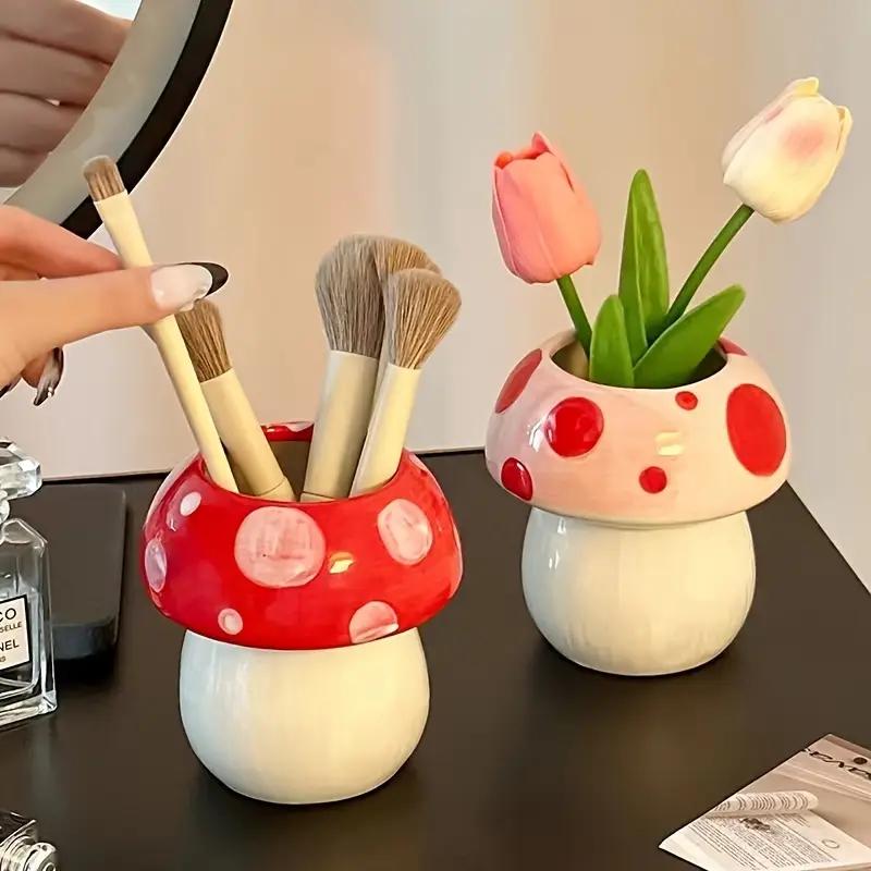 Cute Mushroom Ceramic Pen Container Series Suitable Makeup Brush Holder Office Supplies Desktop Creative Decoration