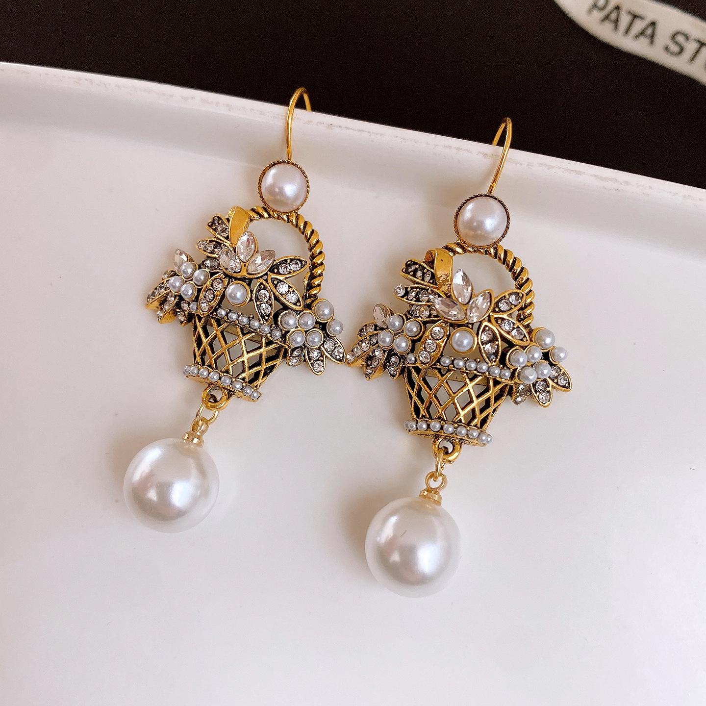 Винтажные серьги в средневековом стиле, серьги-крючки с бриллиантами в виде цветочной корзины, геометрические серьги из смолы и жемчуга, серьги класса люкс, персонализированные серьги