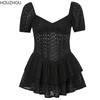 Hollow Black Dress Women V Neck Ruffles Pleated Dress Puff Sleeve Chic Black Summer Party Dress French Vintage Corset Ladies