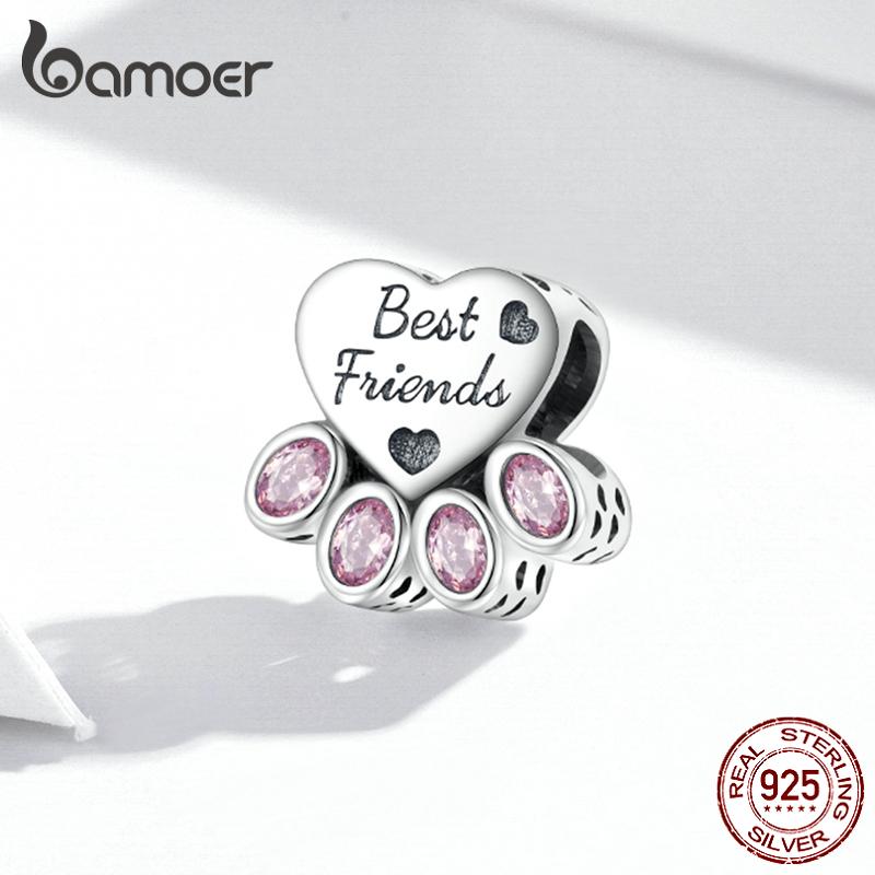 

BAMOER из стерлингового серебра 925 пробы, оригинальные розовые овальные циркониевые бусины в форме собачьей лапы для женщин, изящные ювелирные изделия 925 silver