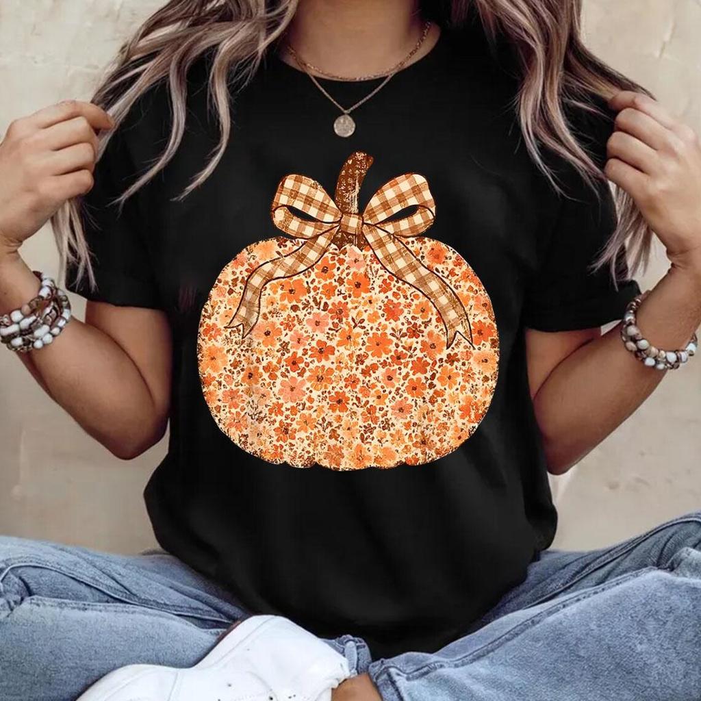 Preppy Floral Pumpkin Harajuku Tshirt Female Fashion Retro Tshirt Oversized Tshirt Casual Style Street Trend Graphic Y2K