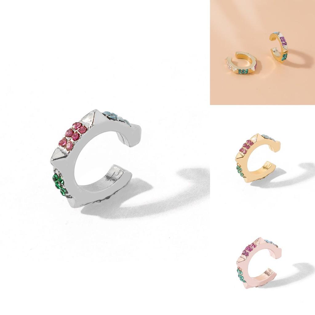 Elegant And Chic Alloy Geometric Earrings Colorful Rhinestone Ear Clips For Fashion Lovers