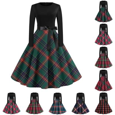 Damen Vintage Kariert Bedruckt Langarm Rundhals Übergröße Abend- und Ballkleider