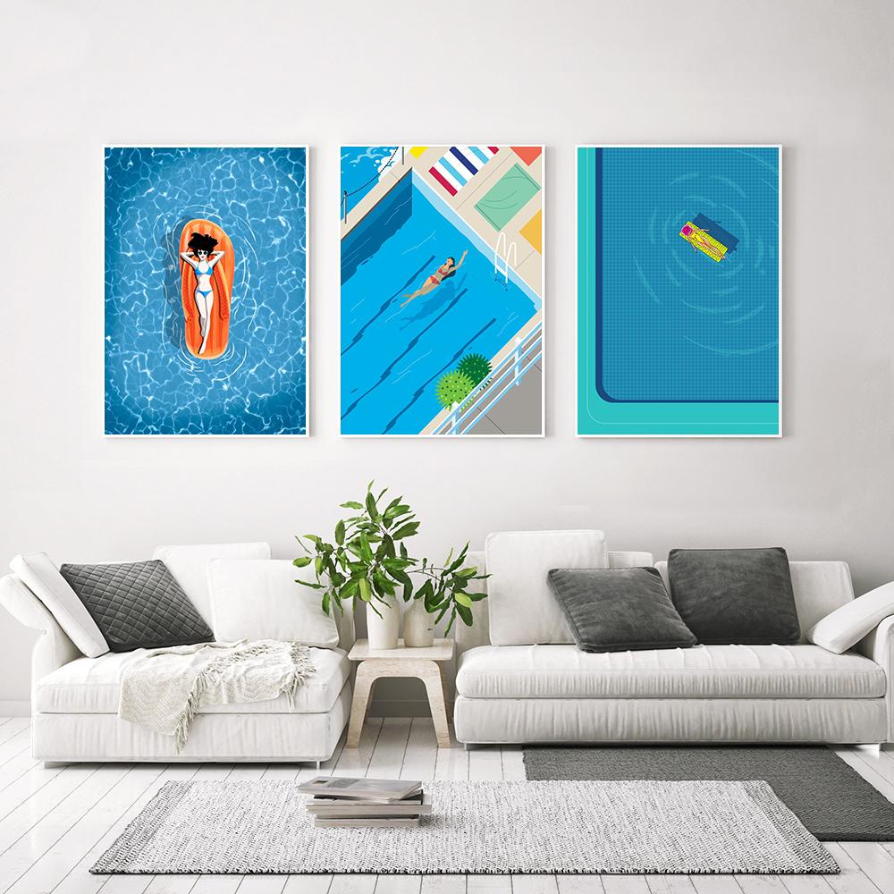 Nordisches abstraktes Wandkunstbild, Druck, Schwimmer-Leinwandgemälde in Schwimmbädern