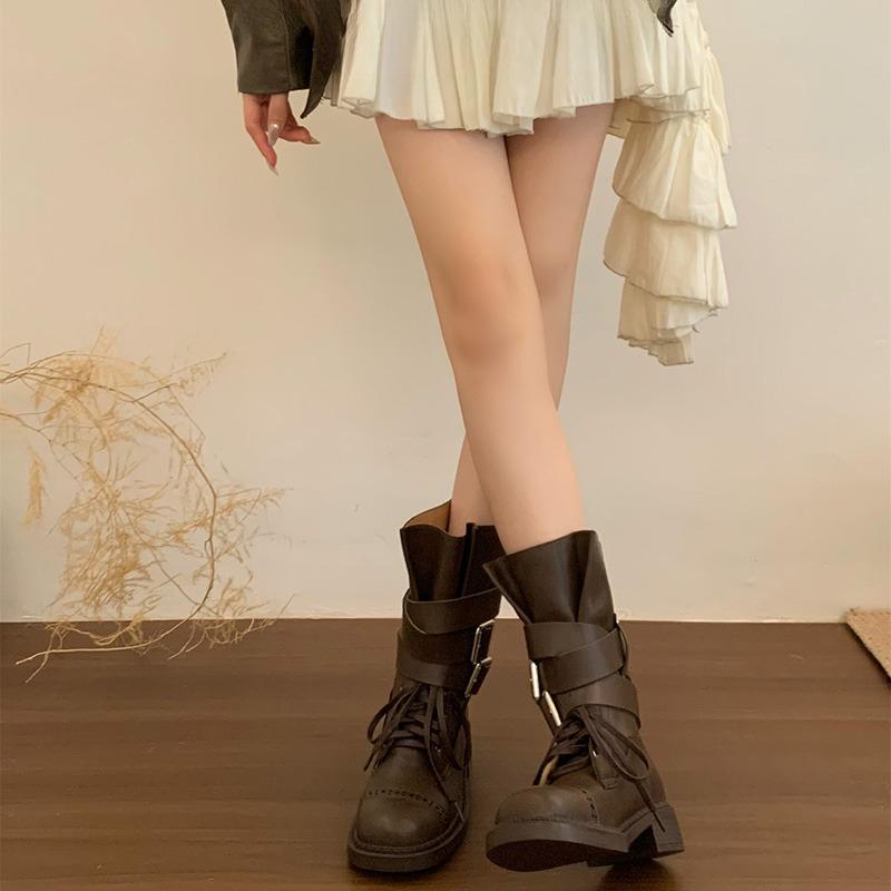 Vintage Gürtelschnalle Damen Western Cowboy Stiefel Mode Niedriger Absatz Ritter Motorrad Stiefeletten