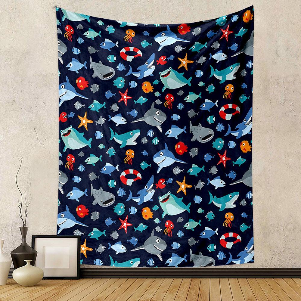 Cute Ocean Animals and Sharks Pattern Patterned tapestry home decor, suitable for bedroom and living room, gift