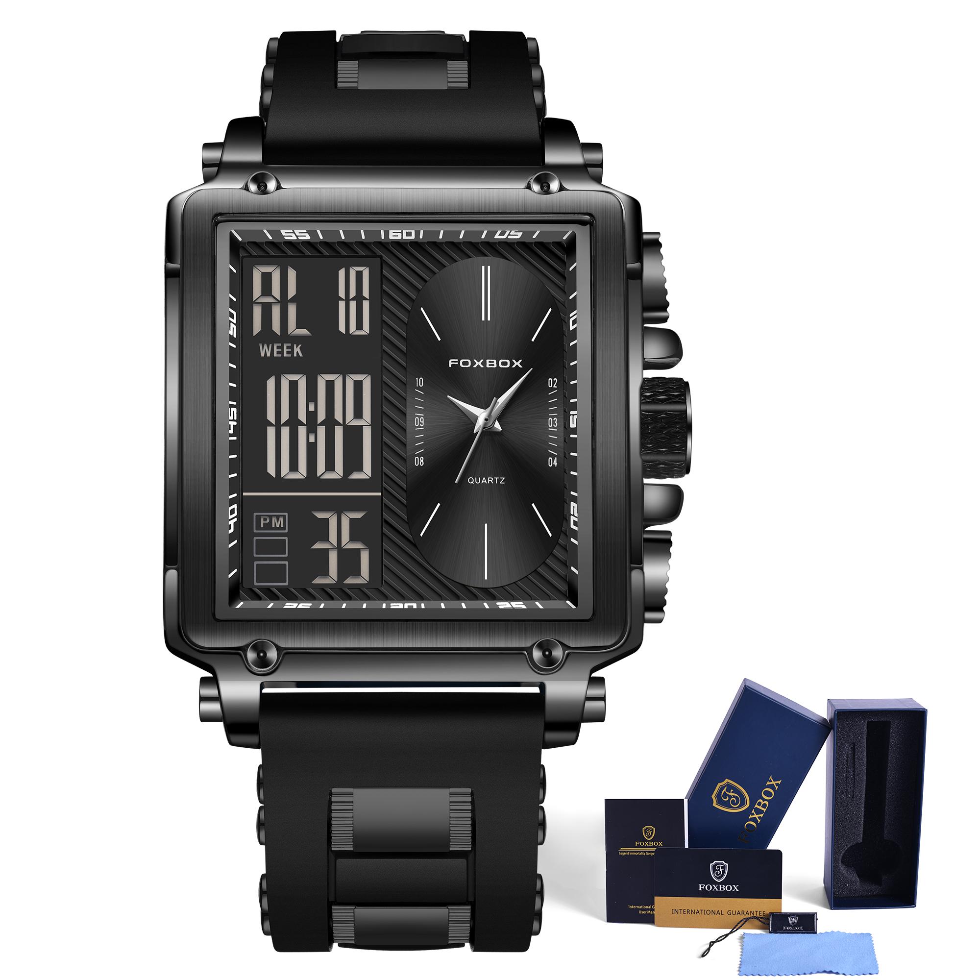 

LIGE Нові модні чоловічі годинники FOXBOX Бренд Багатофункціональні світлові спортивні водонепроникні кварцові годинники Чоловічі подарунки чорний