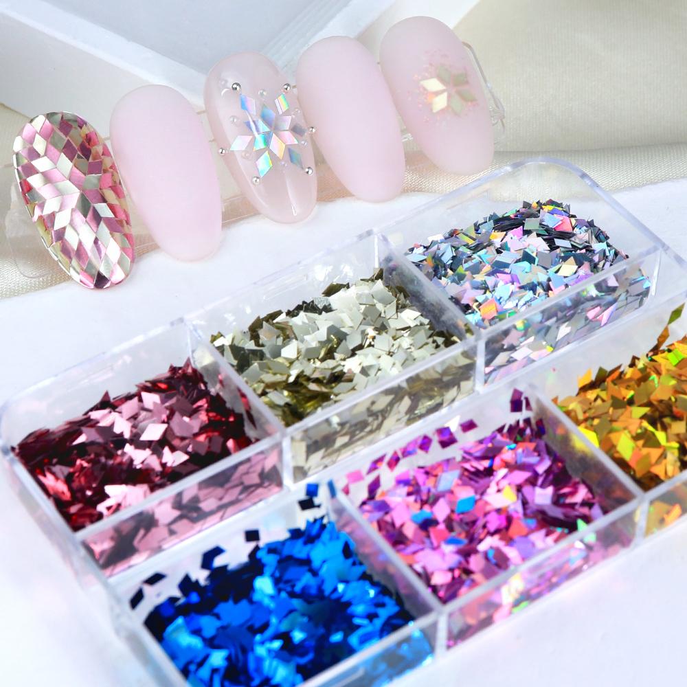 6 Grids Holographic Rhombus Nail Sequins Decoration DIY Nail Design Supplies, for Nail Art Supplies for Women and Girls Decoration Parts