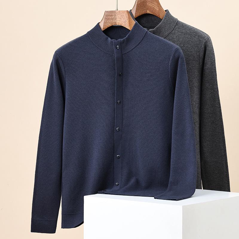 Hengyuanxiang Men's 100% Wool Thick Knit Half-High Neck Cardigan Sweater - Autumn/Winter 2025