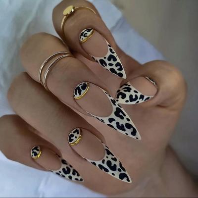 Leopardenmuster Französische Falsche Nagelspitzen - 24-teiliges Set, Tragbare Nagelkunst-Sticker