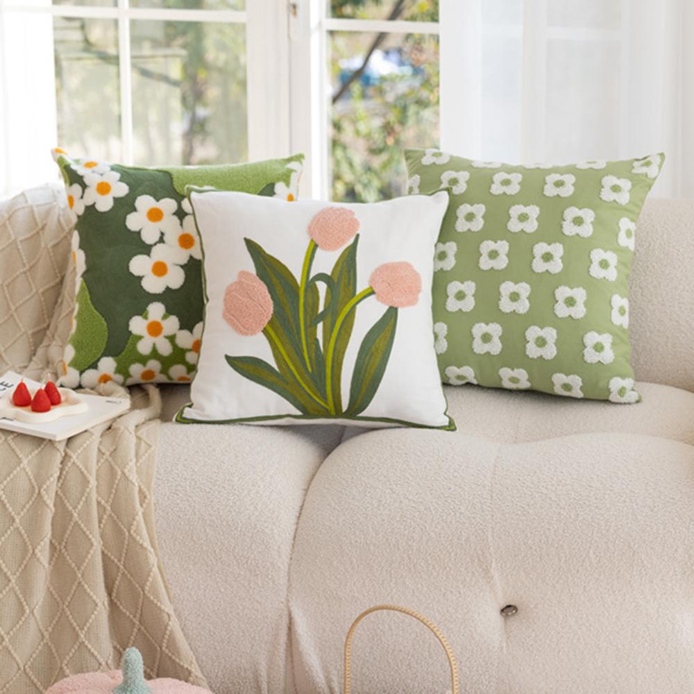 Spring Embroidered Flower Green Throw Pillowcase Cojines Pastoral Decoration Sofa Square Cushion Cover Headboard Pillow Covers