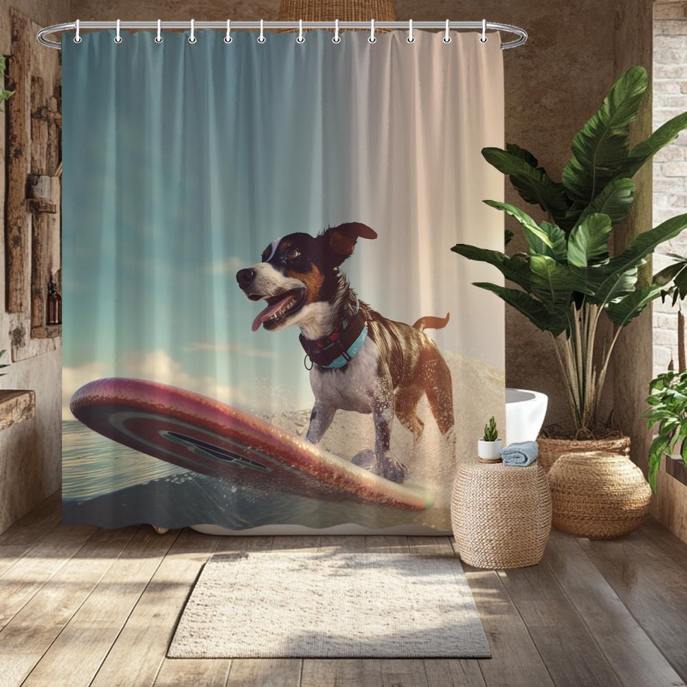 Surfing Dog Shower Curtain - Playful Canine On Surfboard, Durable Fade-Resistant Polyester, Ideal For Bathroom & Bathtub Decor