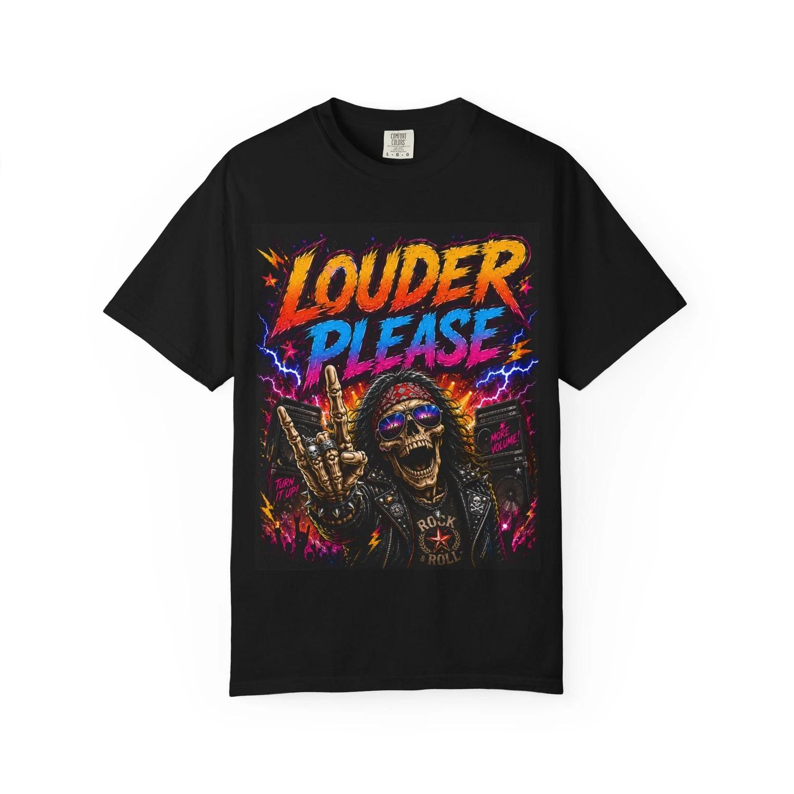 Louder Please Skull Rocker T-shirt | Retro Neon Heavy Metal Tee S