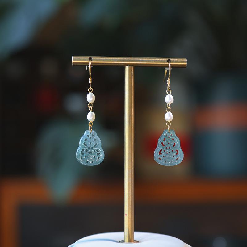 A-Grade Natural Jade Gourd Tassel Stud Earrings with 925 Silver, Gold-Plated, and Pearl Accents