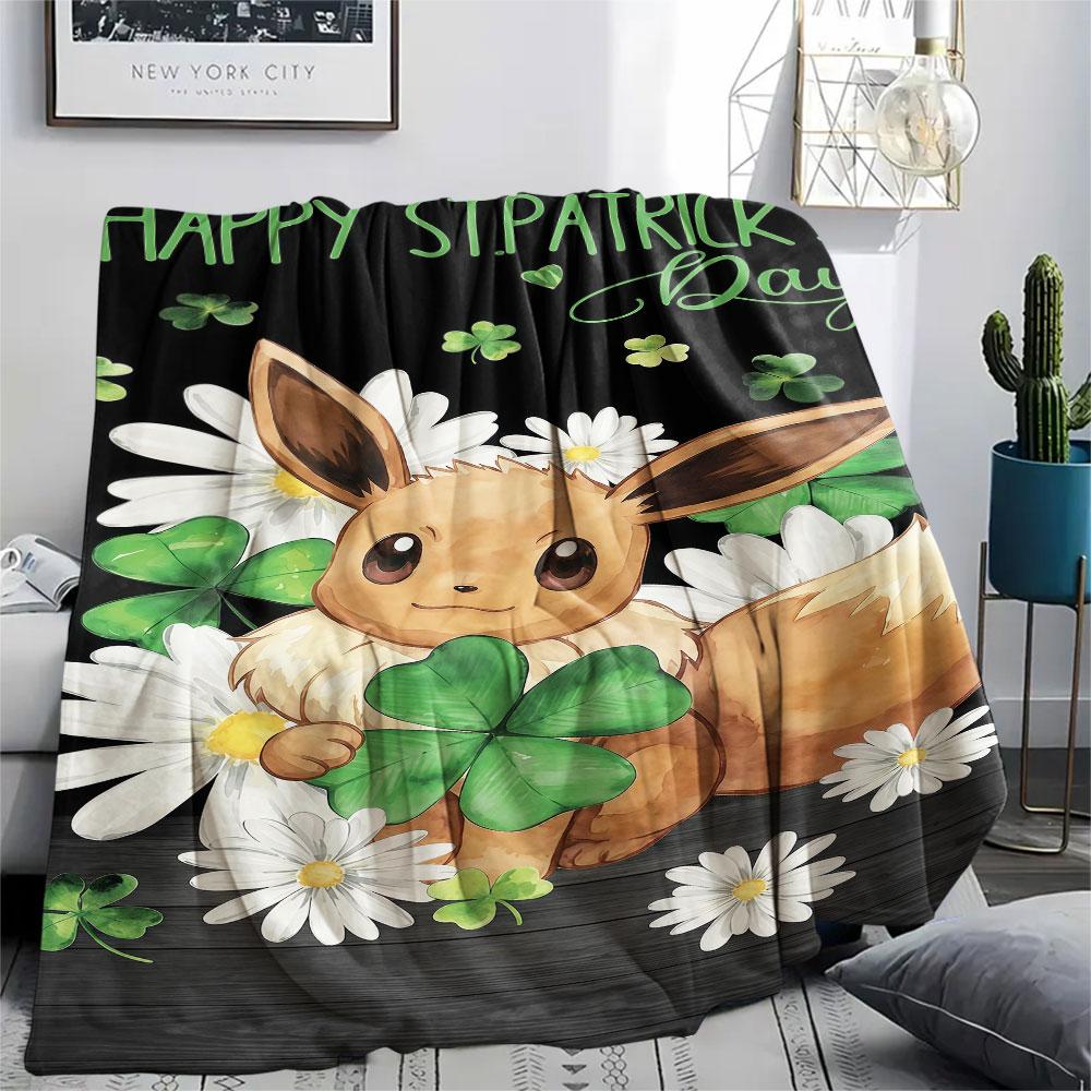1Pc Orange Lucky Pokemon Print Flannel Blanket, High quality Comfortable for All Seasons, Home Decor, Warmth and Comfort, Perfect for Christmas Gifts