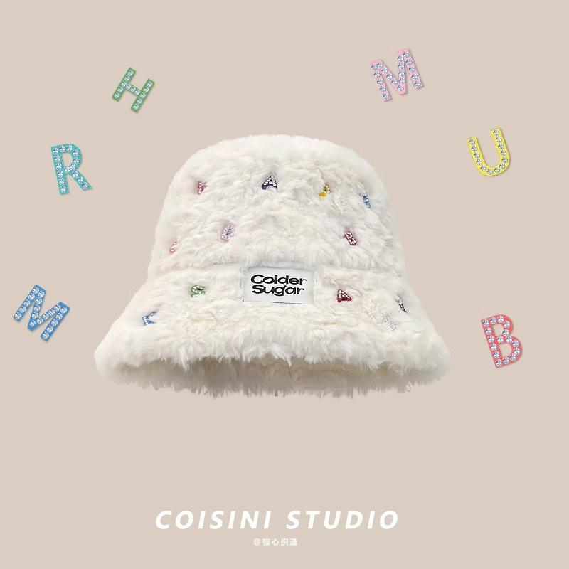 Winter New Plush Bucket Hat Women's Big Head Circumference Shows Small Face Thickened Warm Colored Diamond Alphabet Hat Advanced Sense