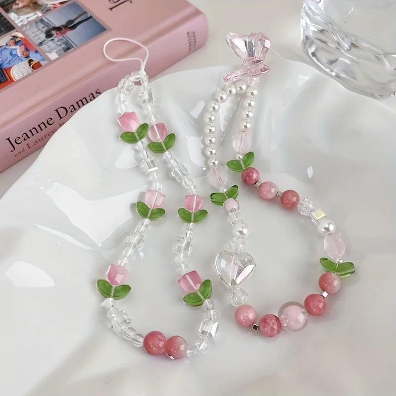 Süße Pfirsich Perlen Handy-Anhänger Kette, Schmuck für süße Mädchen, Perlen Handy Blumen Lanyard für iPhone Schlüsselanhänger