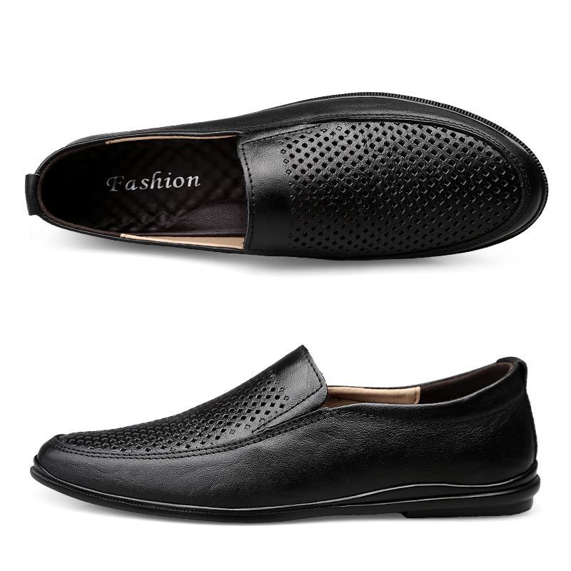Andningsaktiva herrskor med hål, vår, casual läderskor, mjuka läderskor för män, mjuk sula, medelålders/äldre pappaskor