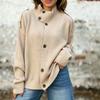 Dames Hoge Hals Asymmetrische Knopenlijst Geribbelde Gebreide Trui Losse Pasvorm Lange Mouw Top