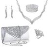 European & American Bridal Fashion 5-Piece Set: Rhinestone Necklace, Earrings, Bracelet, Ring, and PU Sequin Clutch Evening Bag