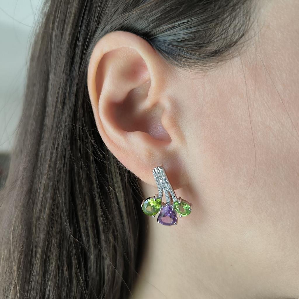Silberne Ohrringe mit natürlichem Amethyst, Chrysolith (2183365)