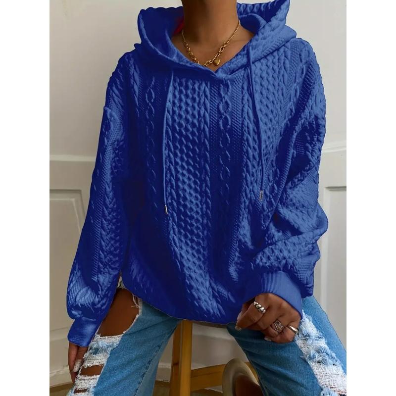 Women's Casual Top, Solid Color Textured Long Sleeve Drawstring Loungewear Hoodie