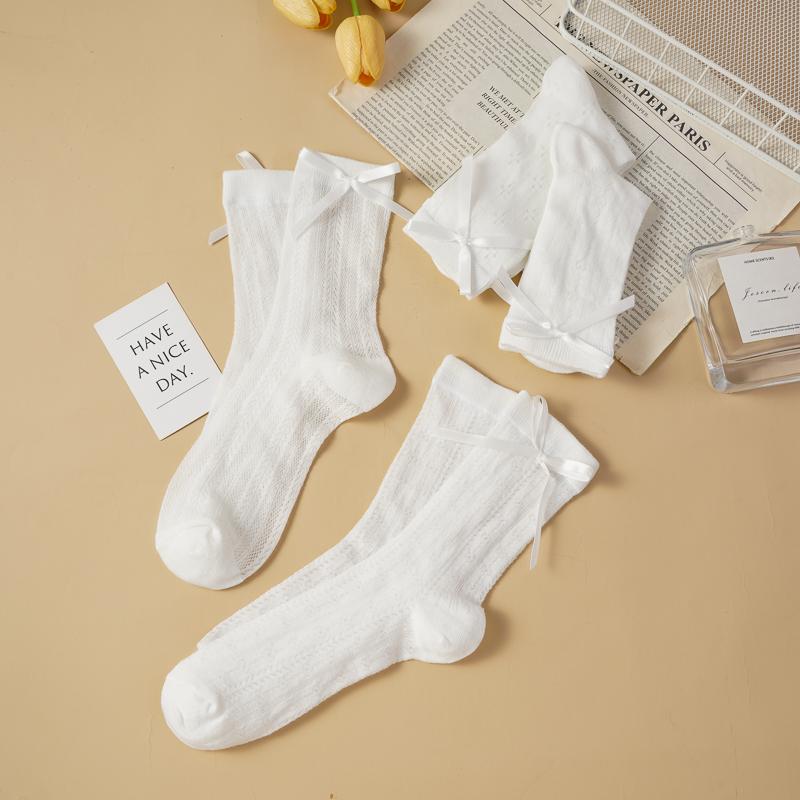 Bowknot Thin Lolita Mid-tube Socks for Women Spring Summer Side Ribbon Love Hollow Mesh Cream Color Pile Socks