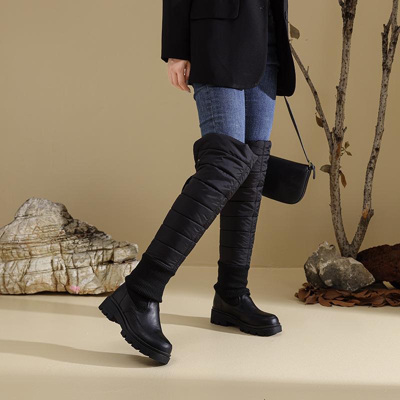  Snow Boots Winter Waterproof Down Cotton Knee Long Cotton Boots Thick-soled Wedge Heel Cotton Shoes Back Lace Up To Keep Warm