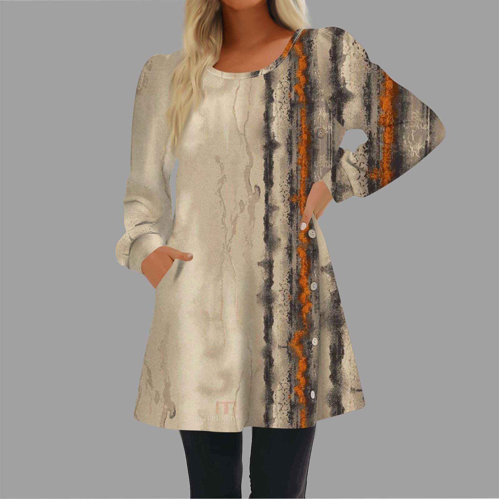 Модное женское повседневное свободное платье с круглым вырезом и пуговицами с длинным — фото 10