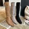 2025 Autumn and Winter New Fashionable Versatile French Suede Square Head Simple Temperament Long Boots Medium Heel Straight Boots