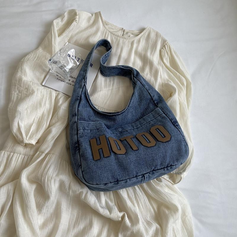 Student Shoulder Bag Letter Print Denim Bag Women's Large Capacity Commuter Tote Bag