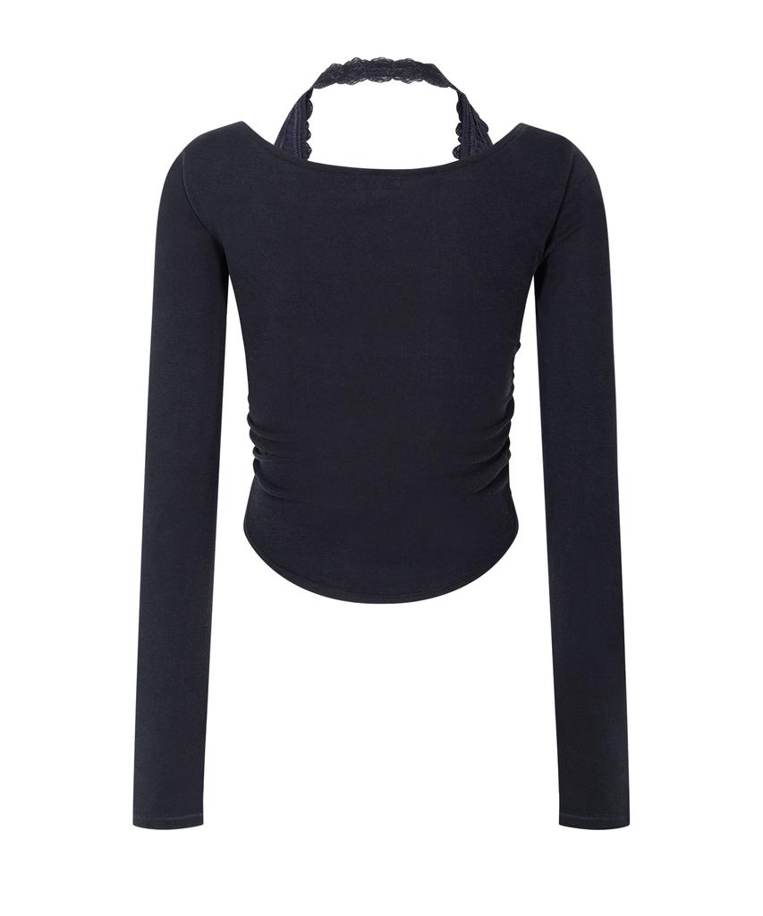 Peullijeunopallou Amelia Lace Halter Long Sleeve Top (Cool Charcoal)