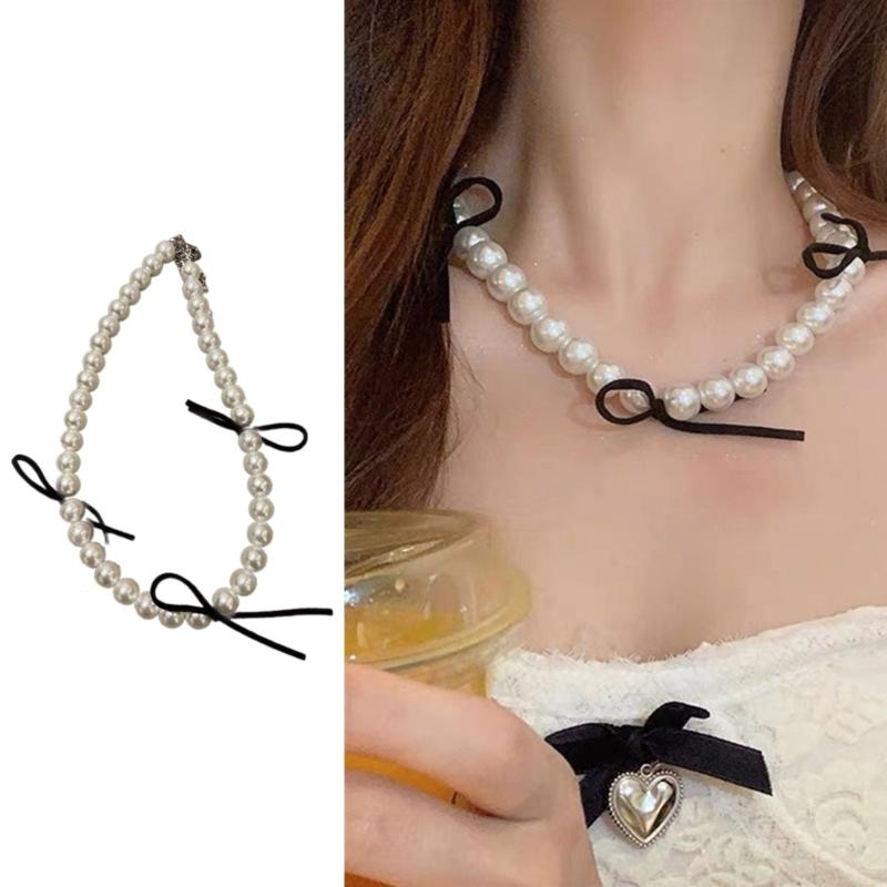 Simulierte Perlenkette Damen Temperament Perlen Schleife Schlüsselbein Kette