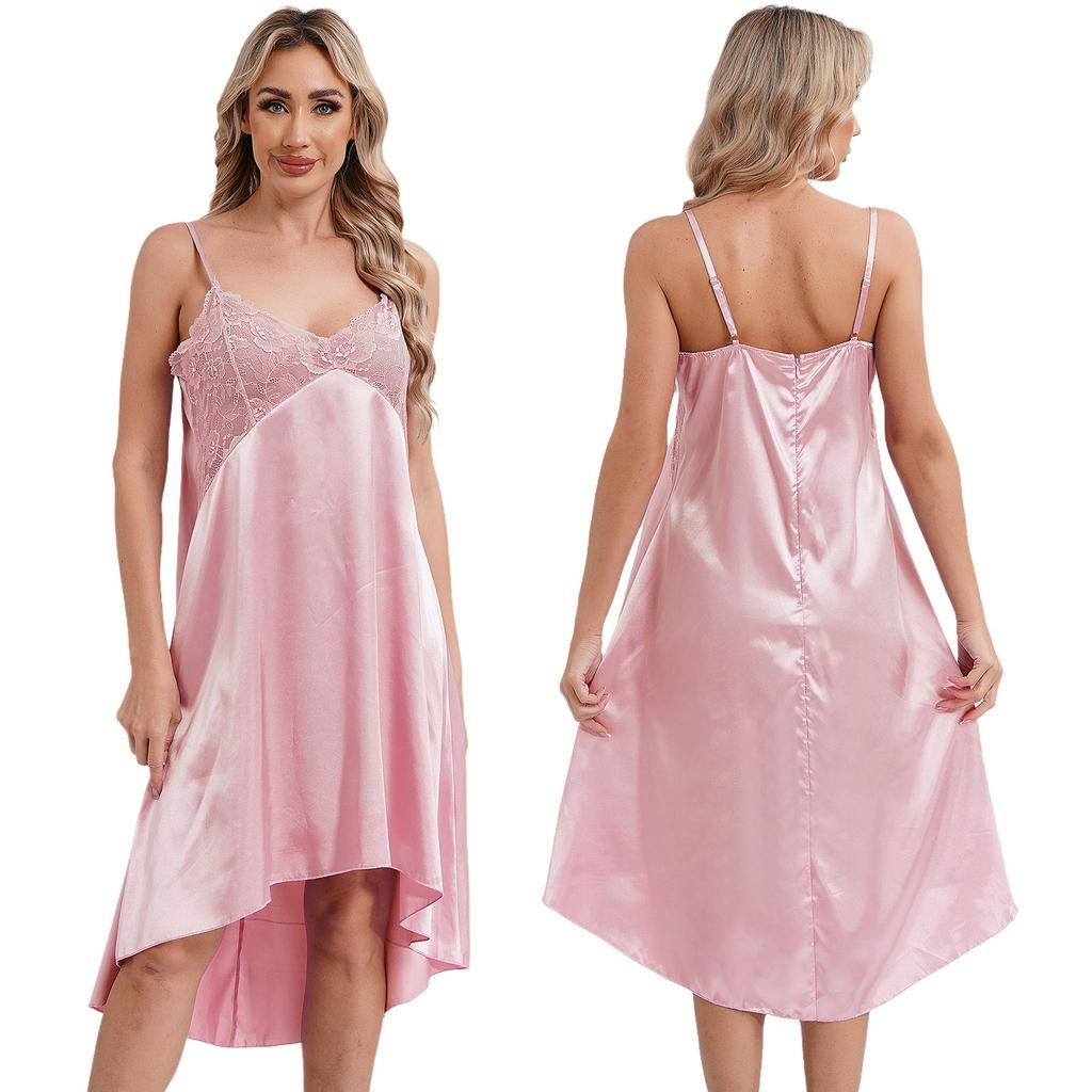 Damen Deep V Seidensatin Dessous Spaghettiträger Nachtkleid Ärmellos Nachtwäsche Babydoll Nachthemd Nachtwäsche Hauskleidung