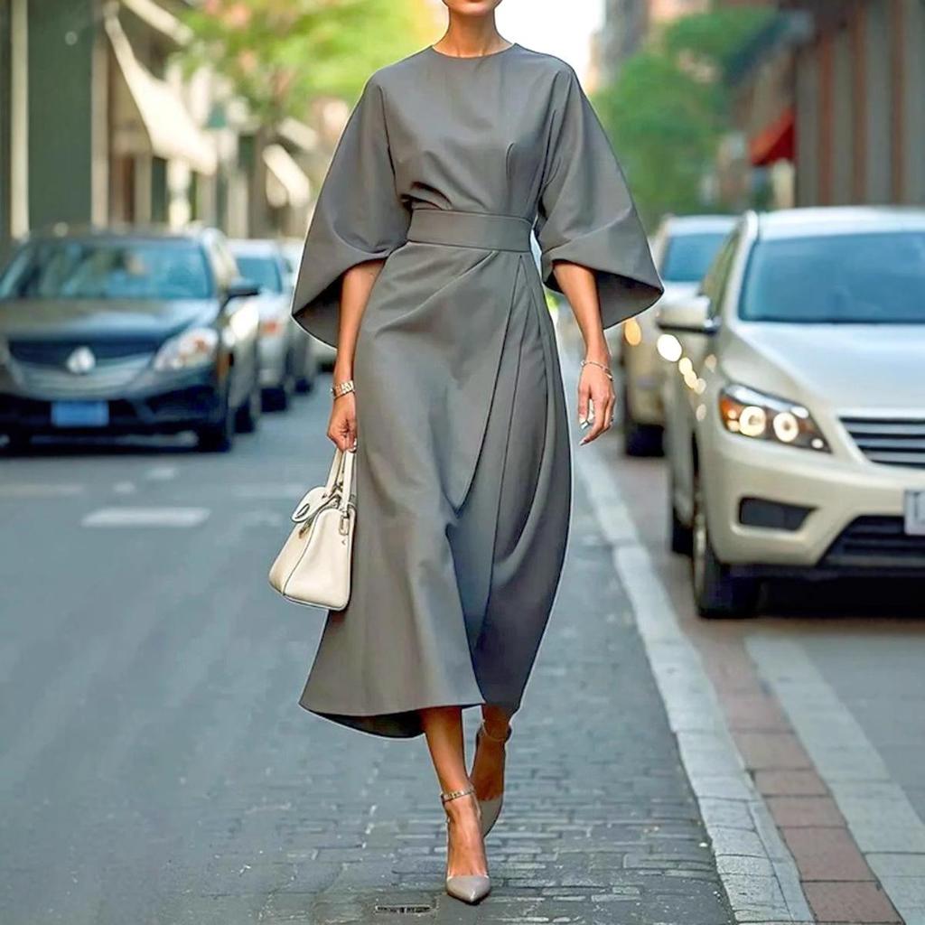 Damen 2026 Elegantes einfarbiges Taillengürtel Fledermausärmel Langes Kleid für Freizeit und formelle Anlässe