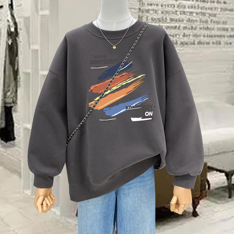 Fashion printing round neck velvet thickened pullover 2025 autumn and winter new popular foreign style age-reducing sweater women