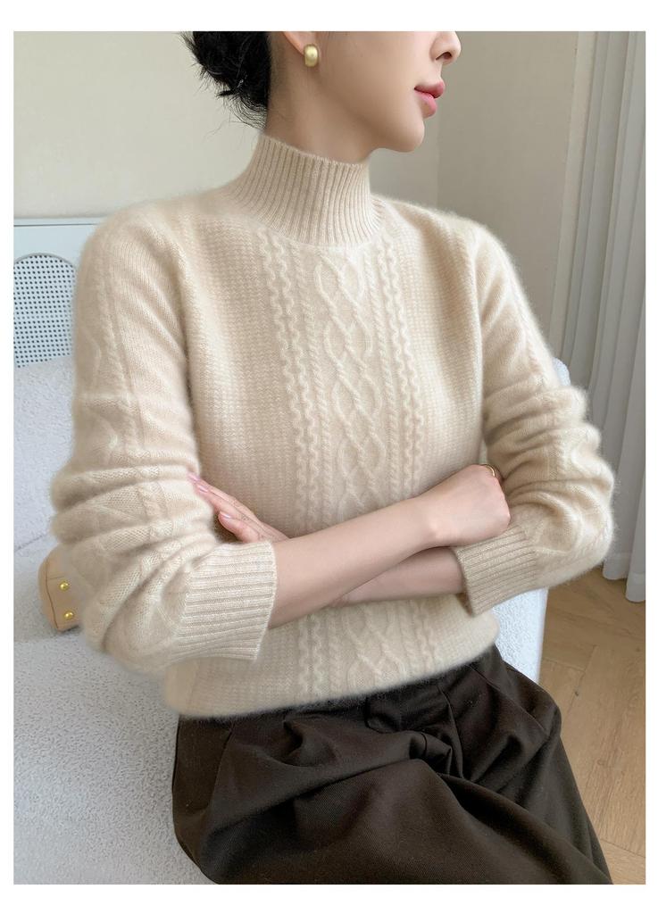 2025 Cashmere Sweater: Half-High Neck, Diamond Cable Knit, Long Sleeve, Loose Fit, Thickened Base Layer.