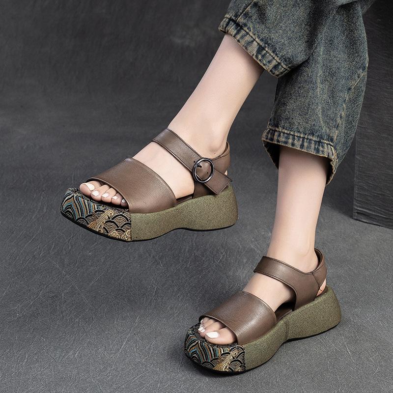 GKTINOO 2025 Summer New Thick Sole Peep Toe Sandals Genuine Leather Chinese Style Retro Versatile Women's Shoes