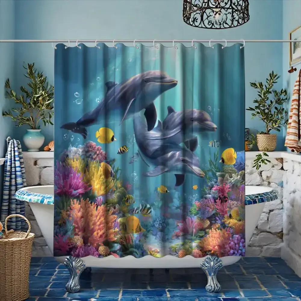 

A Bathroom Shower Curtain Featuring Marine Life Exploration for The Ocean Culture Festival, Includes 12 Hooks, Measuring 180*1 90x180cm